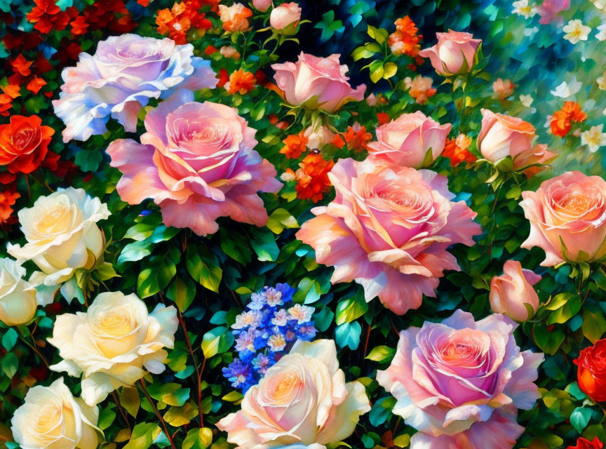 Colorful painting of roses in pink, red, and yellow with green foliage.