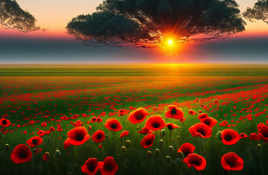 Vibrant sunset over solitary tree in poppy field under gradient sky