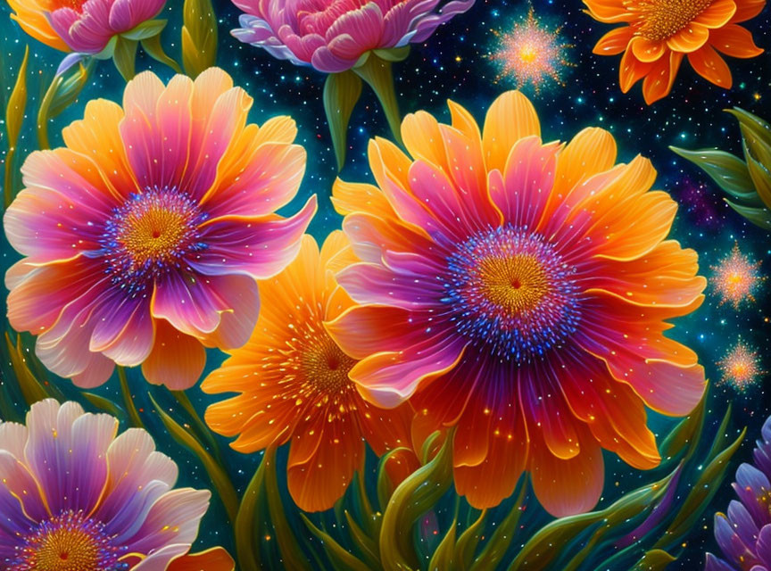 Colorful Flowers Against Cosmic Starry Background: Nature and Space Blend in Surreal Scene