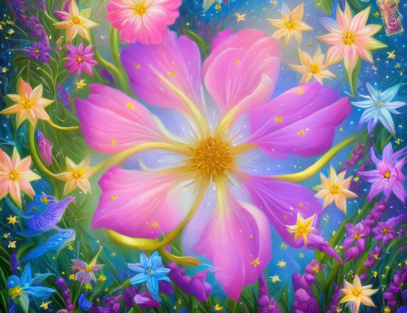 Colorful floral painting with pink flower and golden center on blue backdrop