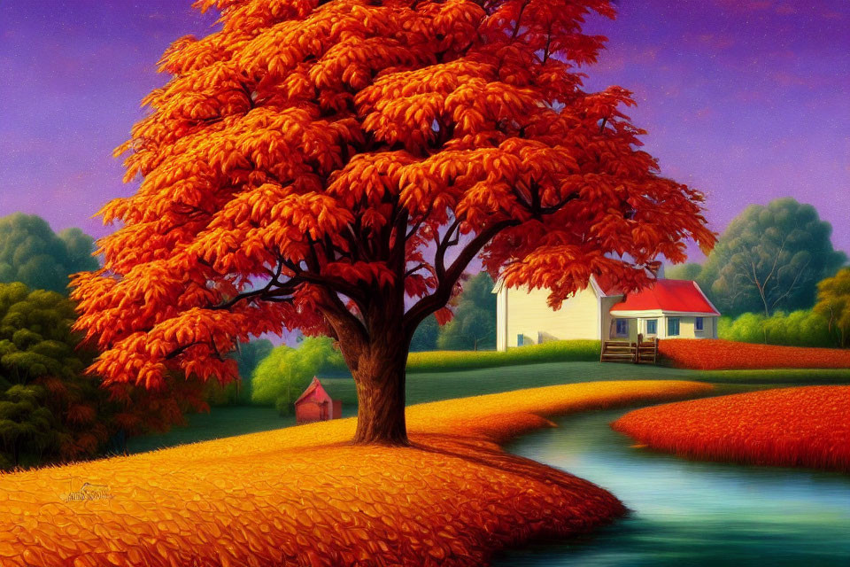 Vibrant orange-leafed tree by serene blue river and white house in lush landscape