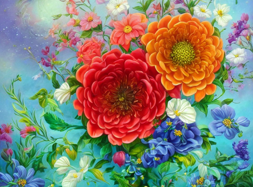 Colorful Floral Painting with Red, Orange, and Blue Flowers