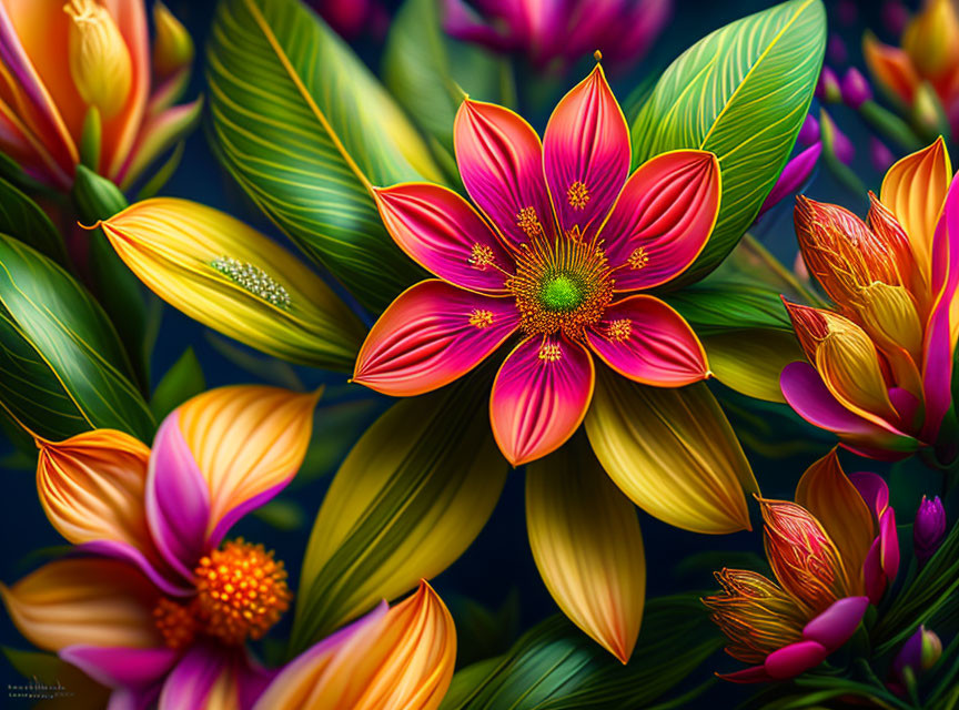 Colorful digital artwork featuring exotic pink and orange flowers on a dark background.