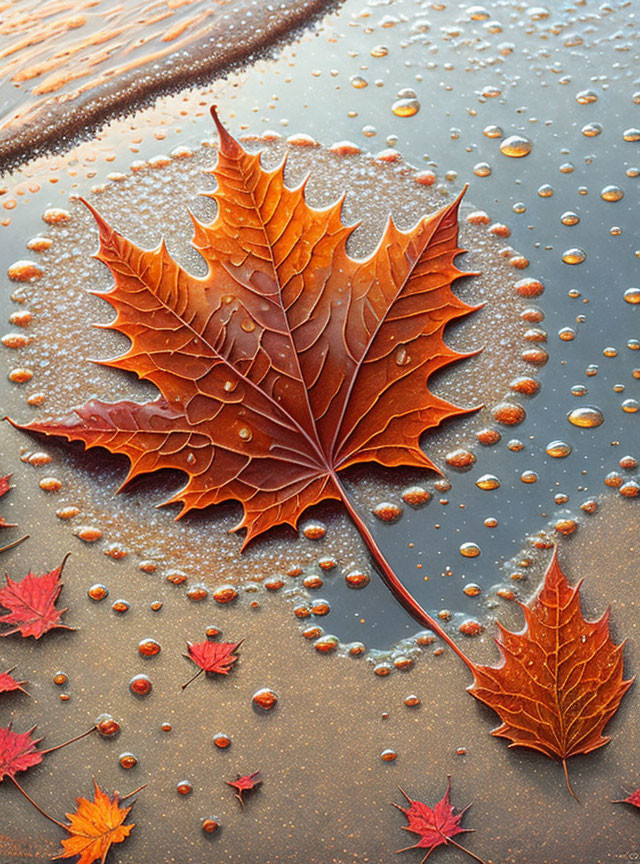 Maple leaf with water droplets, wet surface, leaves, and red berries