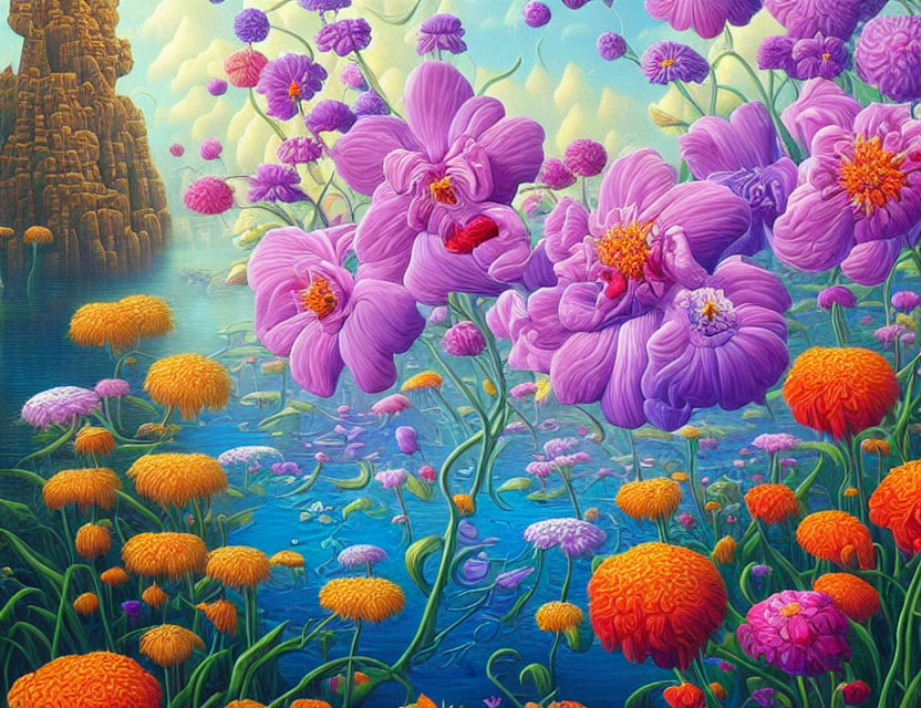 Colorful painting of oversized purple flowers, marigolds, and blue water under a bright blue sky