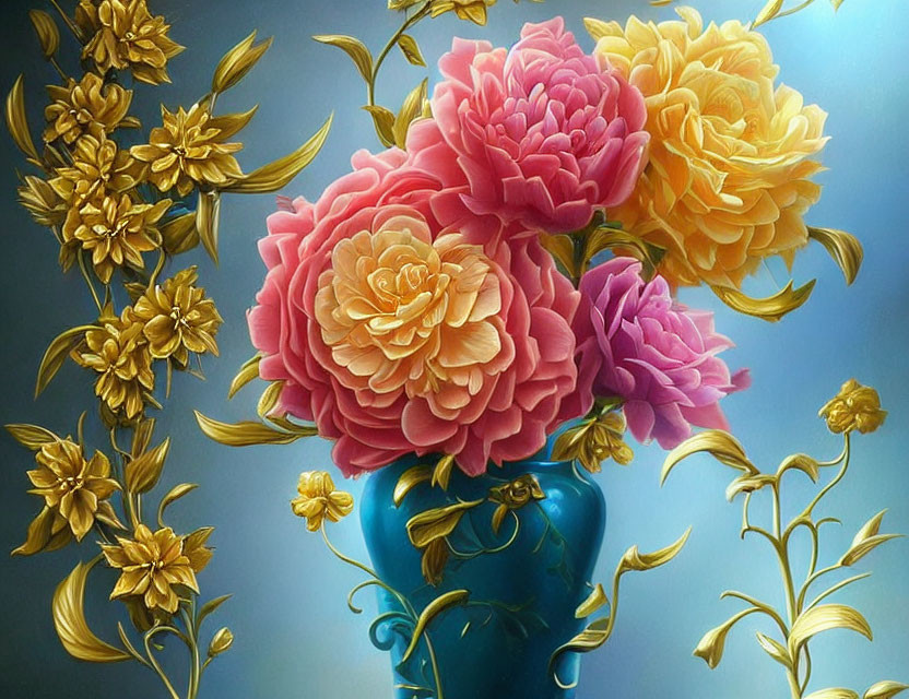 Colorful digital art: Blue vase with pink and yellow roses on golden foliage.