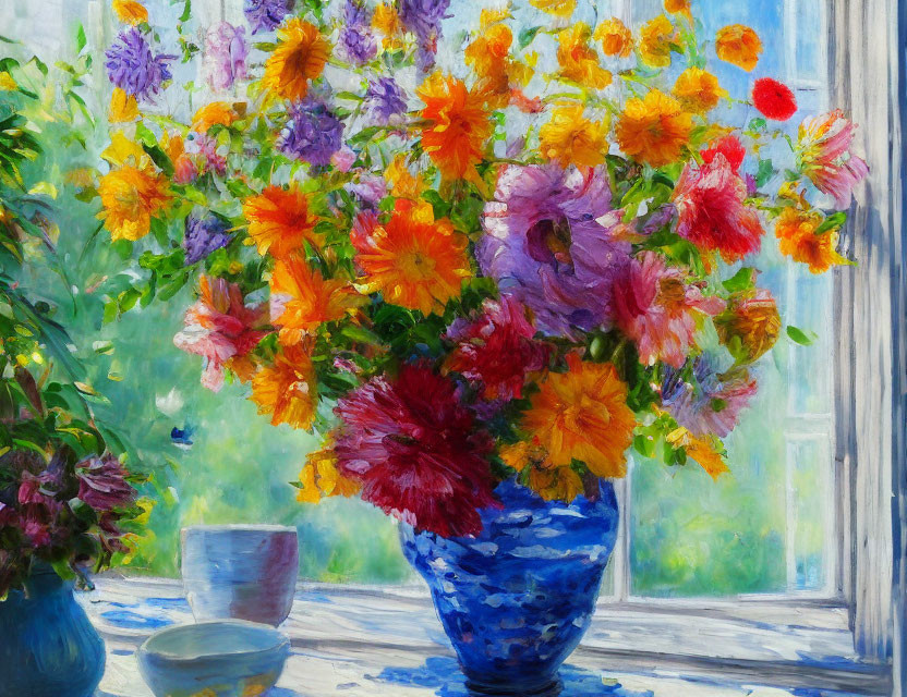 Colorful Flower Bouquet in Blue Vase by Sunlit Window