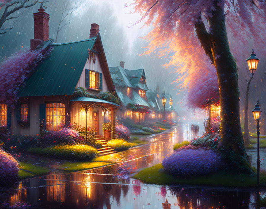 Charming Twilight Street with Glowing Houses and Pink Blossoms