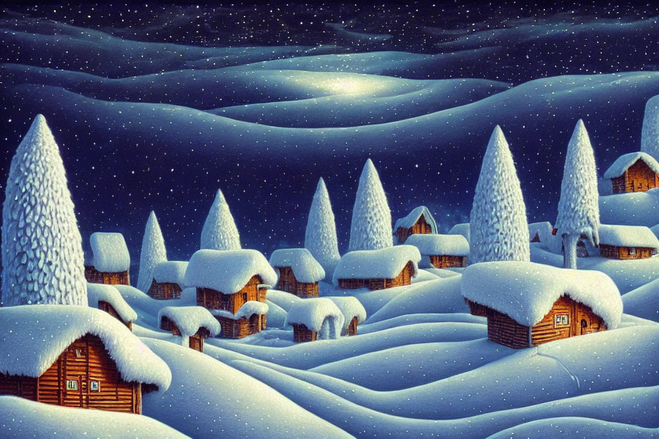 Snow-covered houses and trees on serene winter night under starry sky