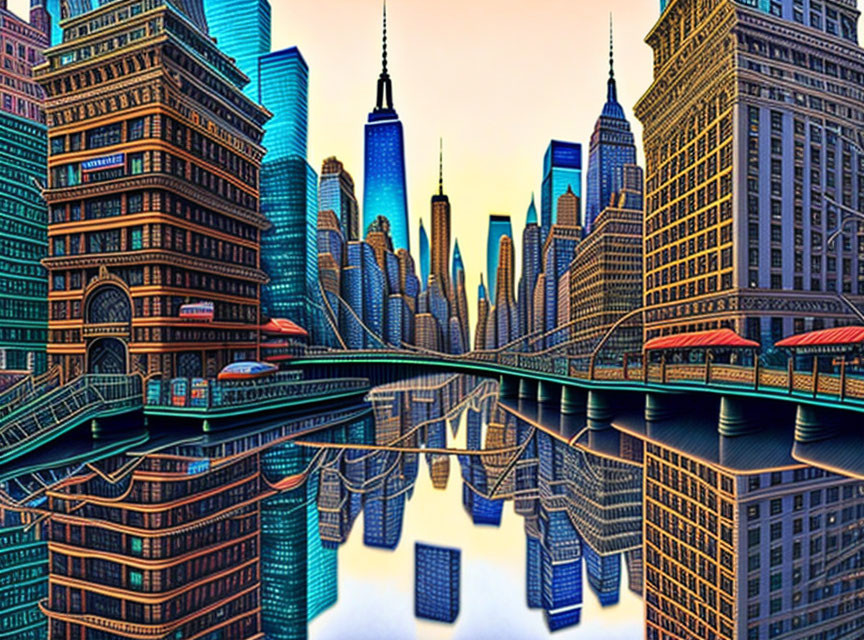 Colorful cityscape illustration with skyscrapers, river reflections, and red bridges.