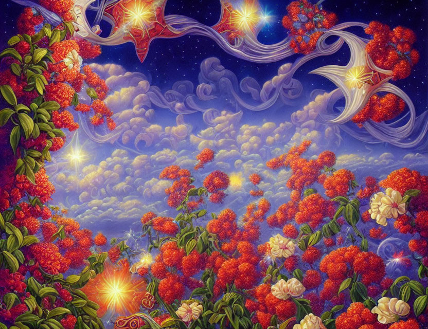 Vibrant dreamlike painting of starry sky and glowing landscape