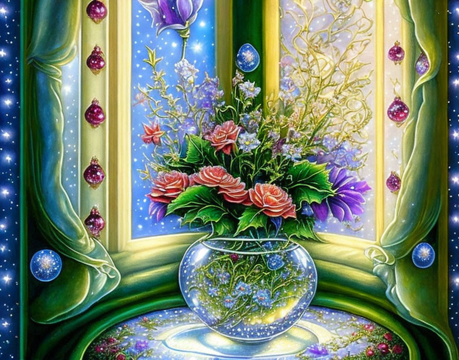 Fantasy-themed floral arrangement in clear vase with whimsical curtains, bubbles, and starry backdrop.