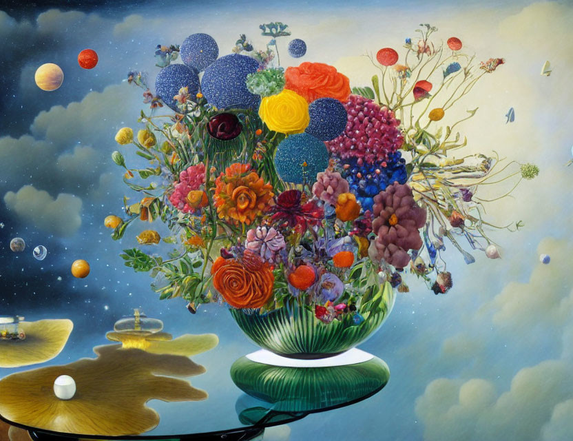 Colorful Surreal Painting with Flowers and Planets