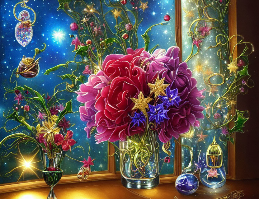 Colorful floral arrangement in glass vase on cosmic background.