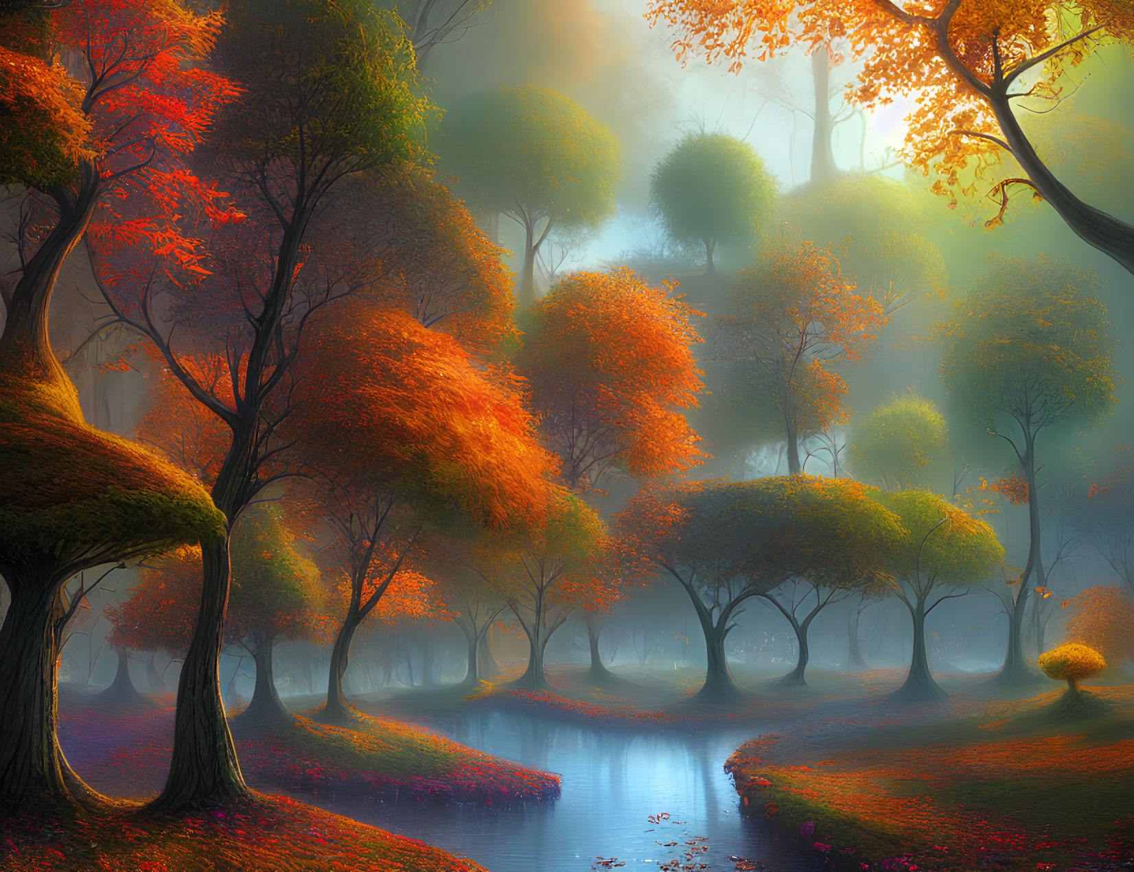 Tranquil river and autumn forest in misty light