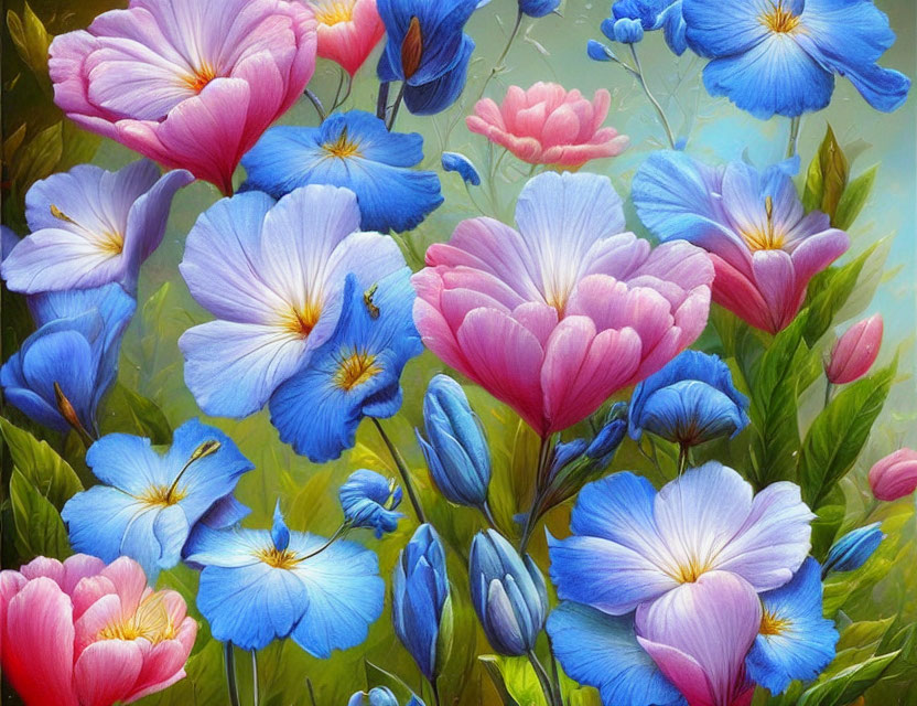 Colorful Blue and Pink Flowers with Green Leaves and Delicate Petals