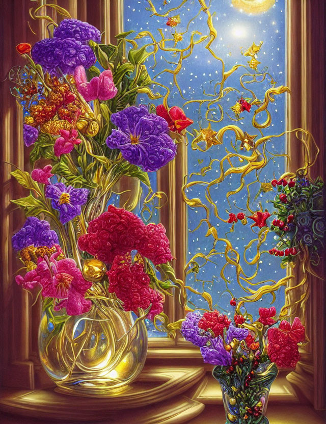 Colorful flower bouquet in golden vase by night sky with moon & stars, purple flowers on window sill