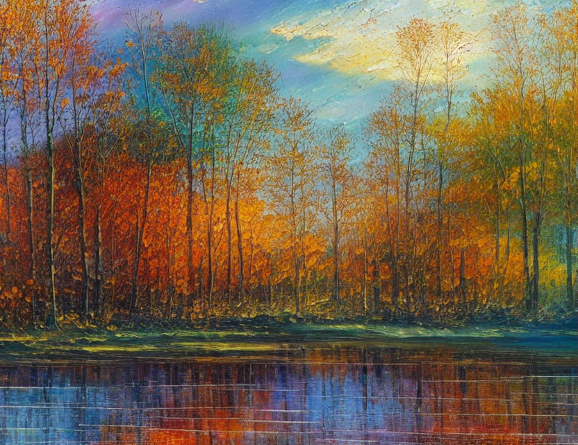 Autumn forest painting with vibrant colors and reflective water