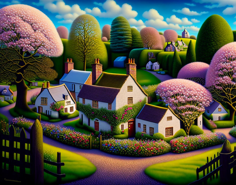 Vibrant village scene with stylized houses, blooming trees, and twilight sky