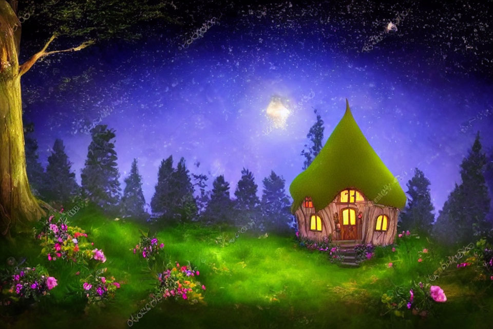 Whimsical cottage with green roof in forest clearing under starry sky