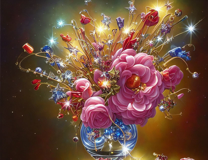 Colorful Bouquet with Jewels, Flowers, and Ornaments on Starry Background