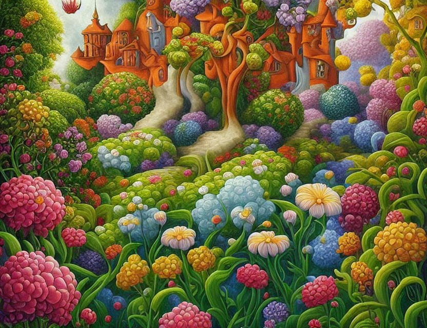 Vibrant landscape with whimsical trees, colorful flowers, and fairy-tale castle