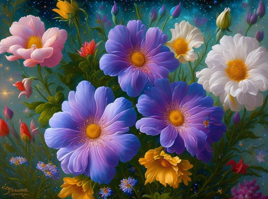 Colorful painting of blooming flowers on starry background