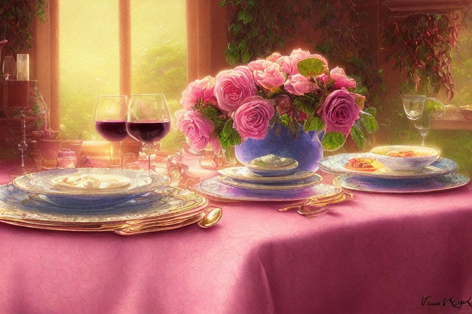 Sophisticated table setting with pink roses, fine china, gold cutlery, and wine glasses