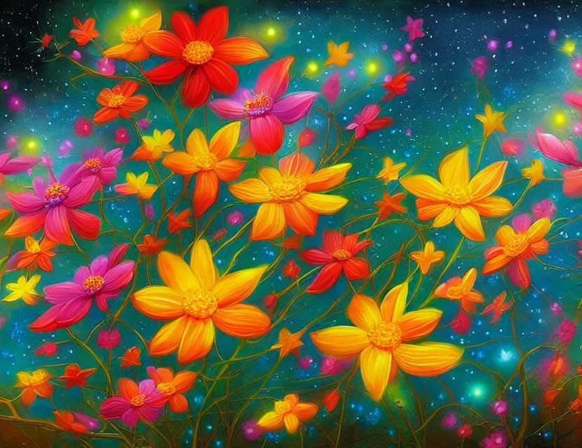 Colorful Flowers Blooming in Cosmic Garden