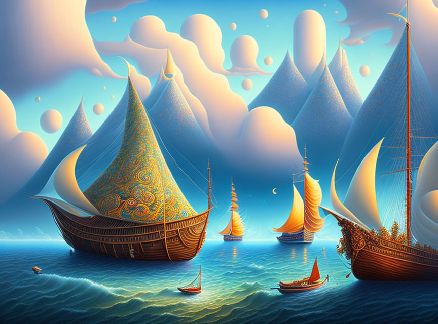 Fantasy illustration: sailing ships with ornate sails on serene sea under whimsical cloud-filled sky.