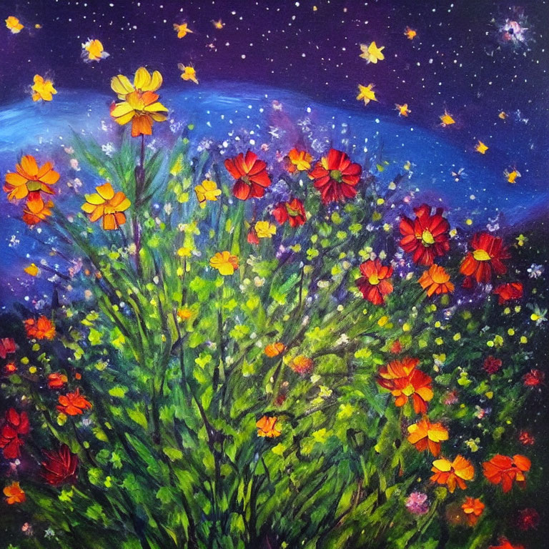 Colorful Flower Field Painting Under Starry Night Sky