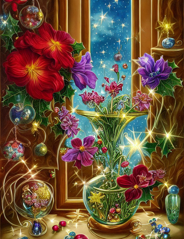 Colorful Red and Purple Flower Bouquet with Christmas Ornaments on Windowsill