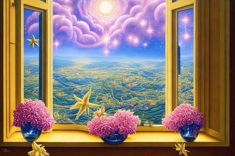 Colorful Painting: Window Ledge with Purple Flowers, Starfish, and Fantasy Landscape