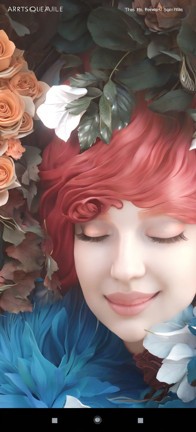 Close-up of serene woman with pink hair among colorful flowers, roses and blue blossoms.