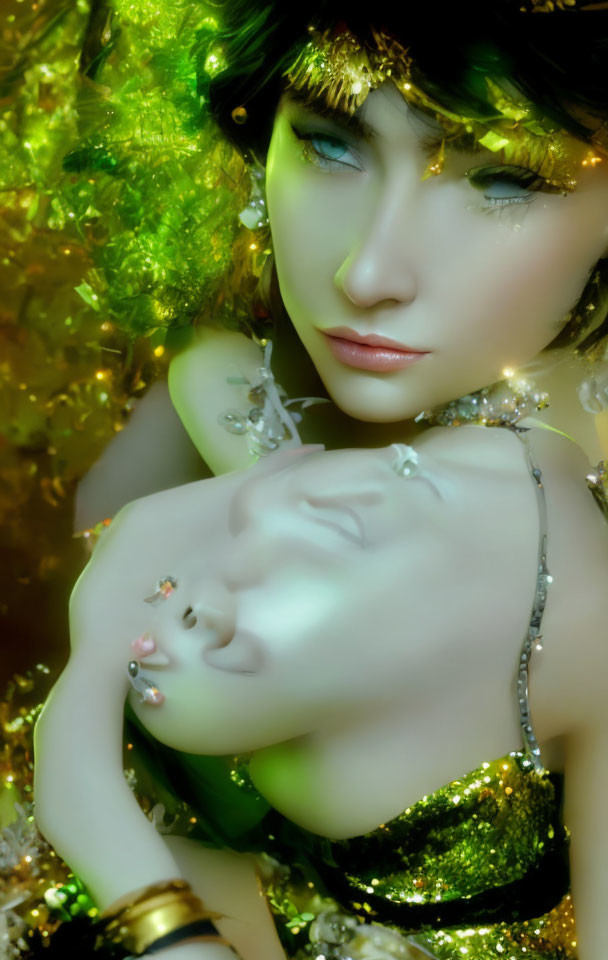 Woman with Green Hair and Gold Accents in Mystical Setting