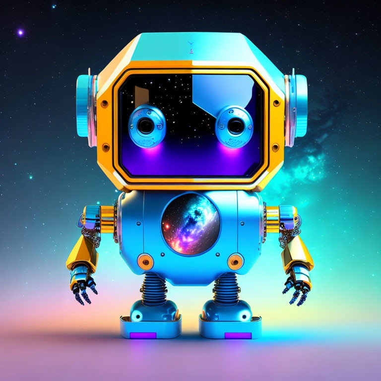 Colorful stylized robot illustration with square head in galaxy setting.