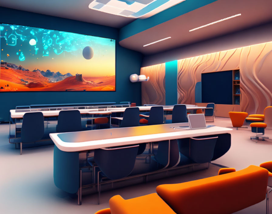 Sleek futuristic office with orange chairs, blue lighting, and Martian landscape screen