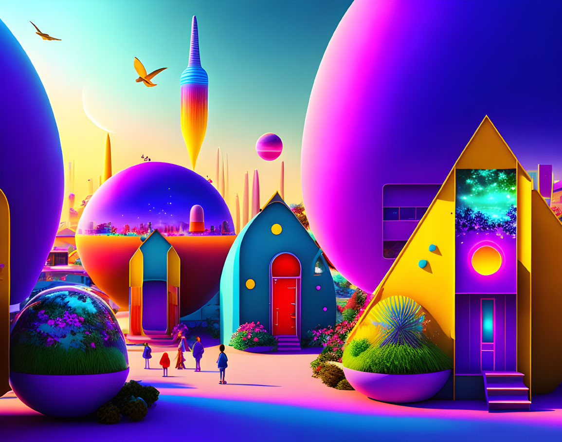 Colorful Surreal Landscape with Egg-shaped Structures & Whimsical Houses