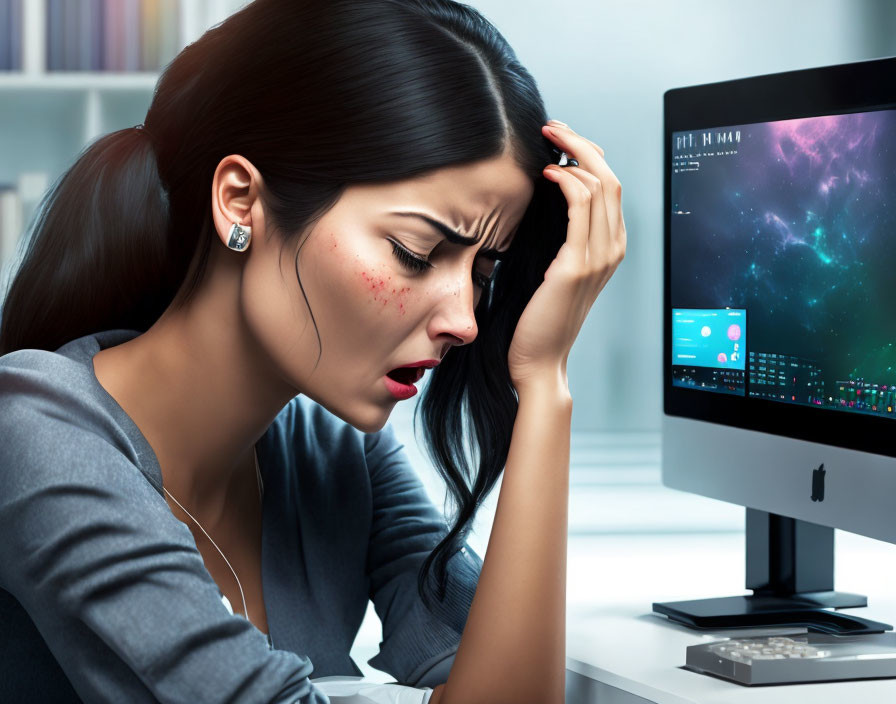 Woman with acne looking distressed at computer screen in office setting