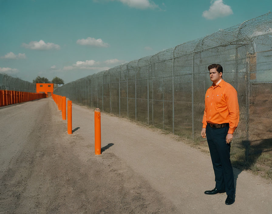 Man in orange shirt by barbed wire fence on dirt road under blue sky