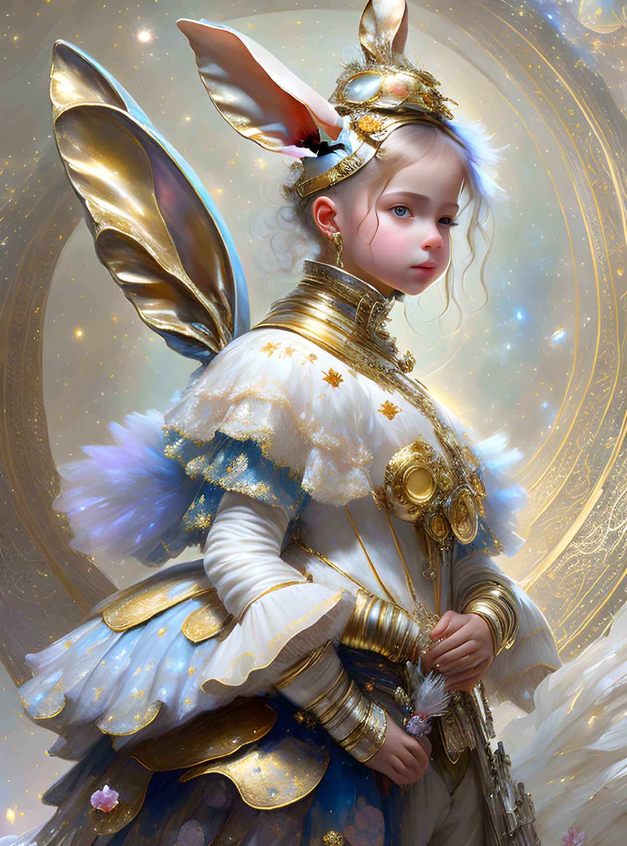 Fantastical portrait of child with bunny ears in ornate gold costume