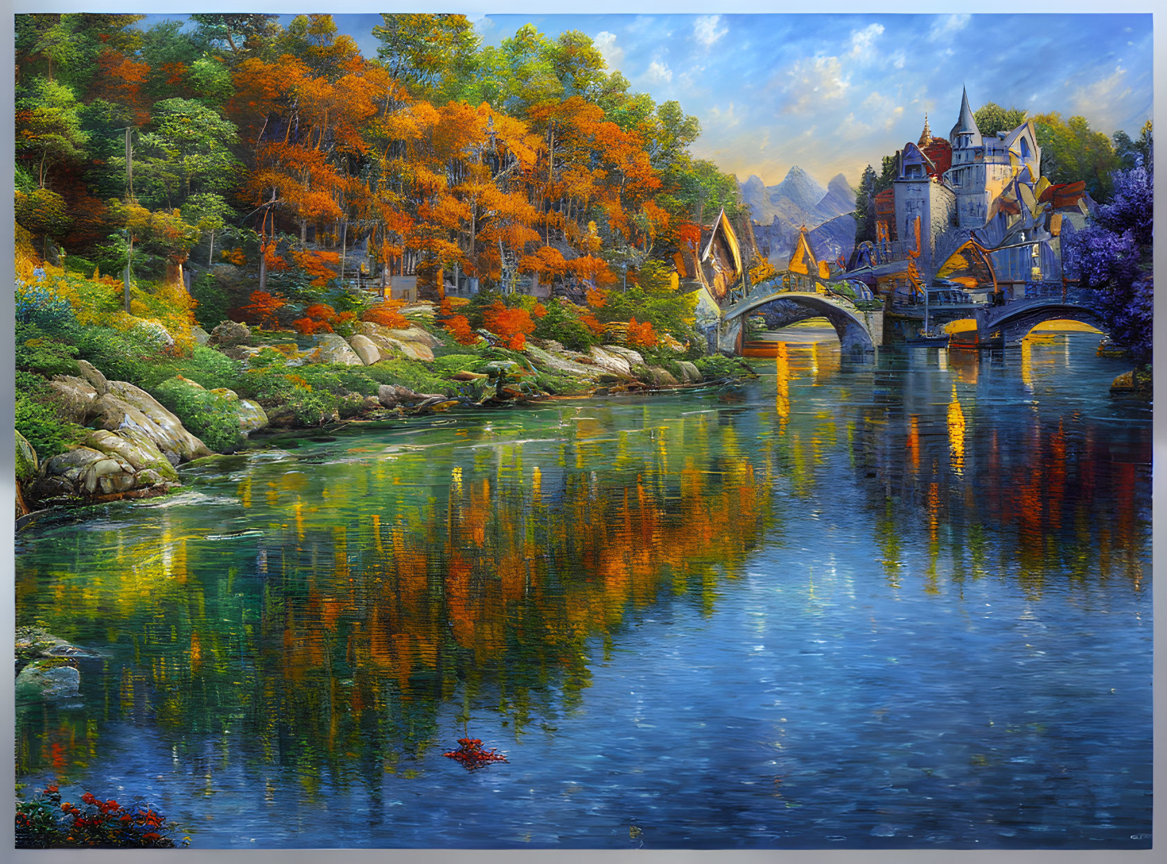 Tranquil autumn scene: stone bridge with turrets, river, colorful trees.