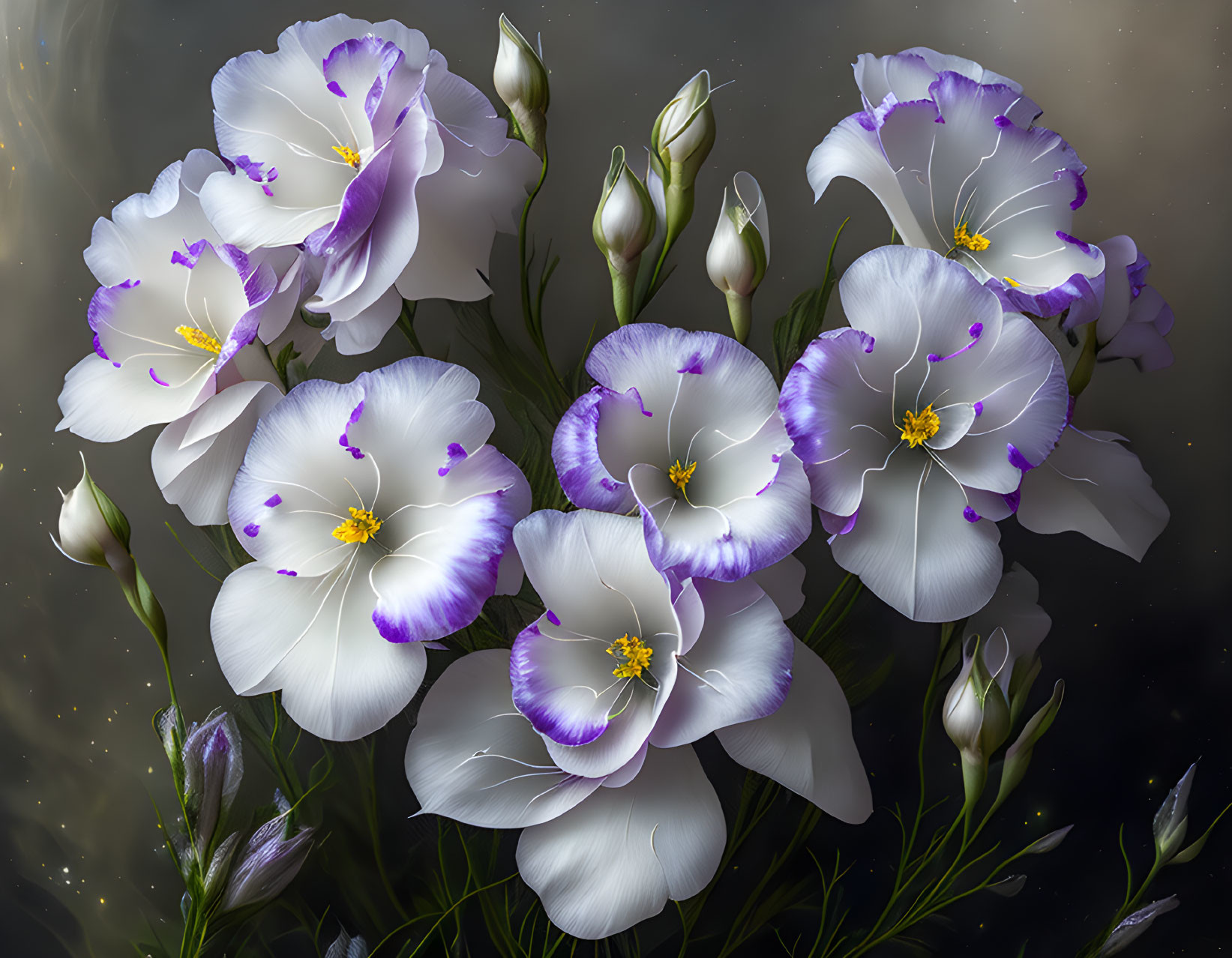 Vibrant white and purple flowers with stamens, buds, and foliage on dark background