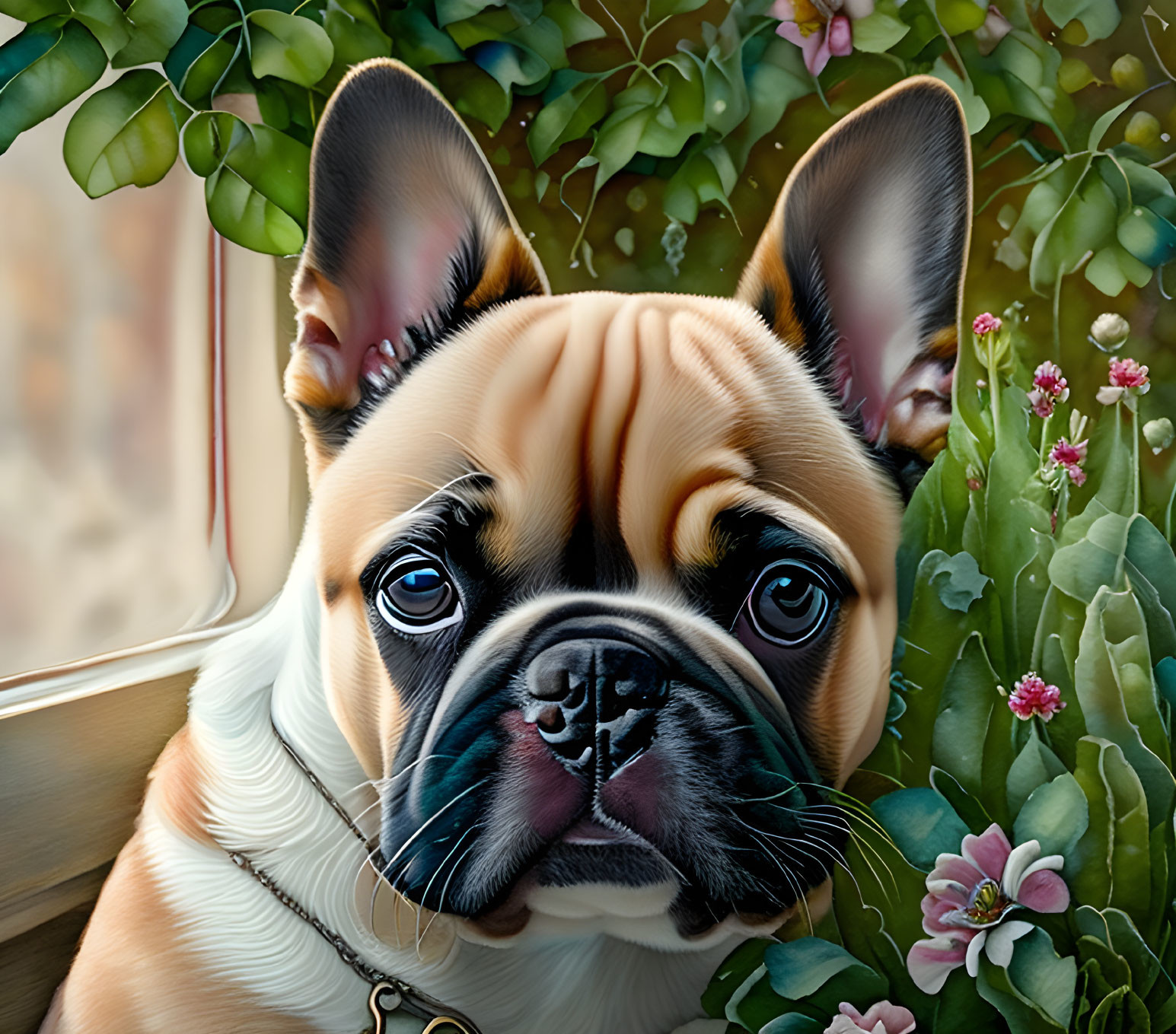 French Bulldog with large ears surrounded by green plants and pink flowers.