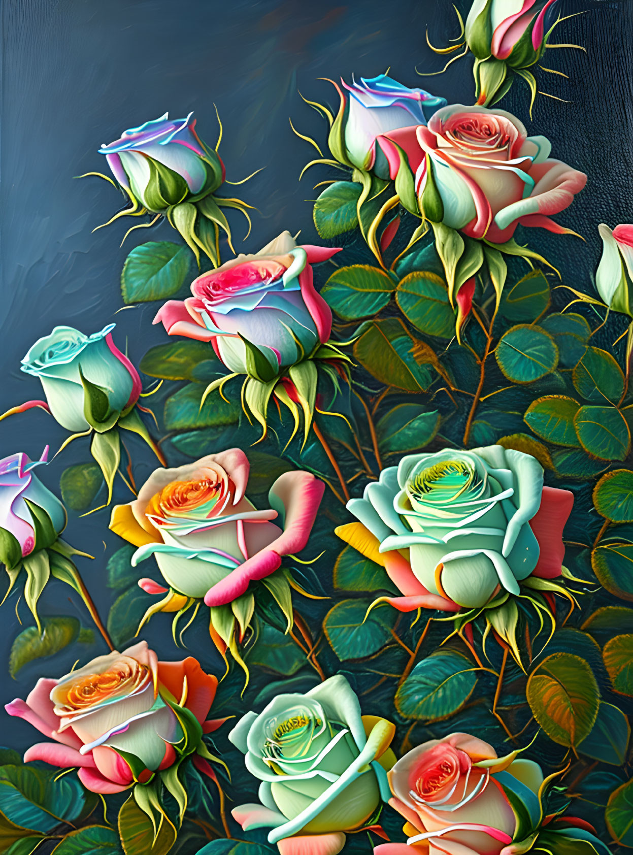 Multicolored roses on dark textured background