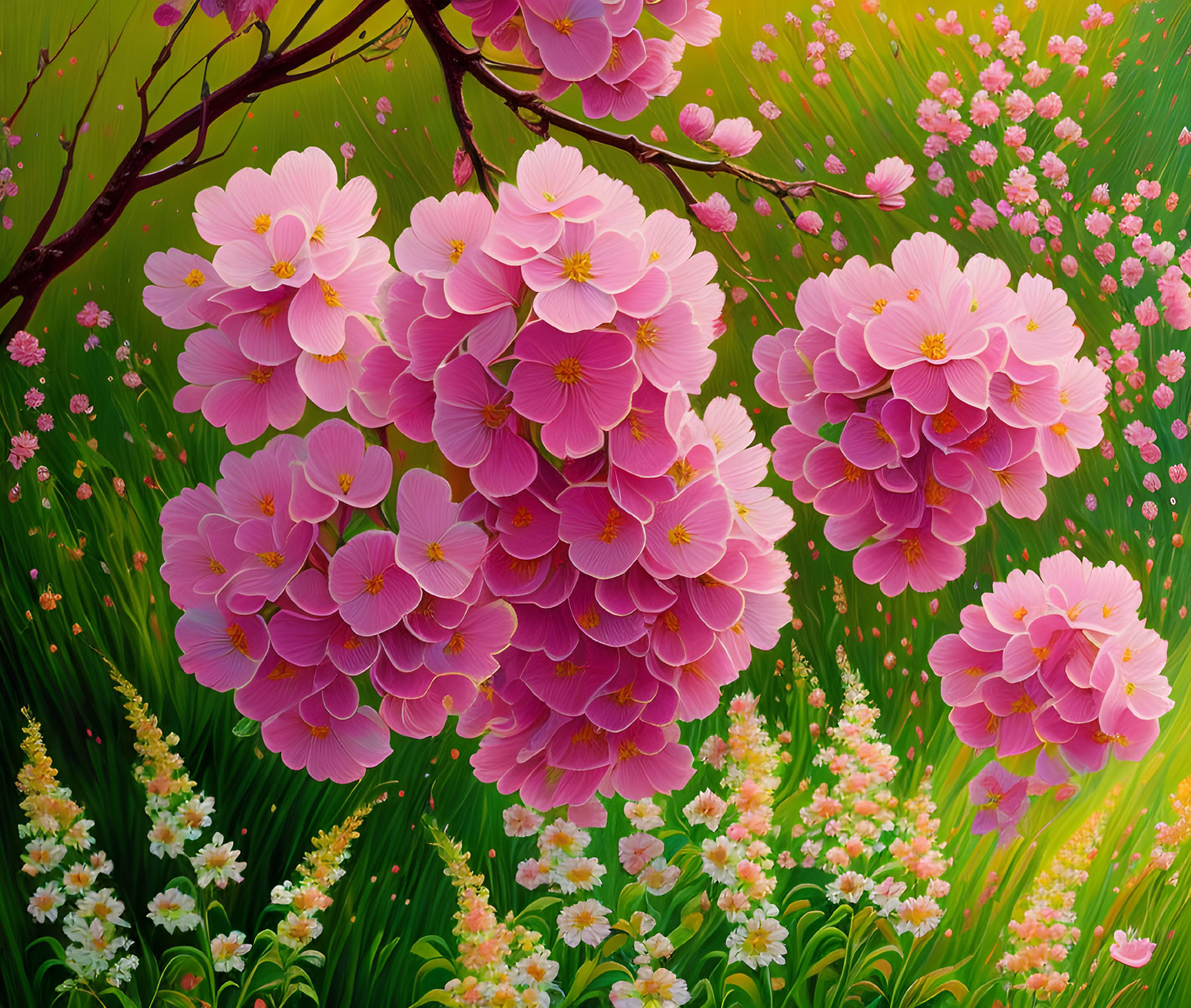 Colorful illustration of pink flowers with yellow centers on green backdrop