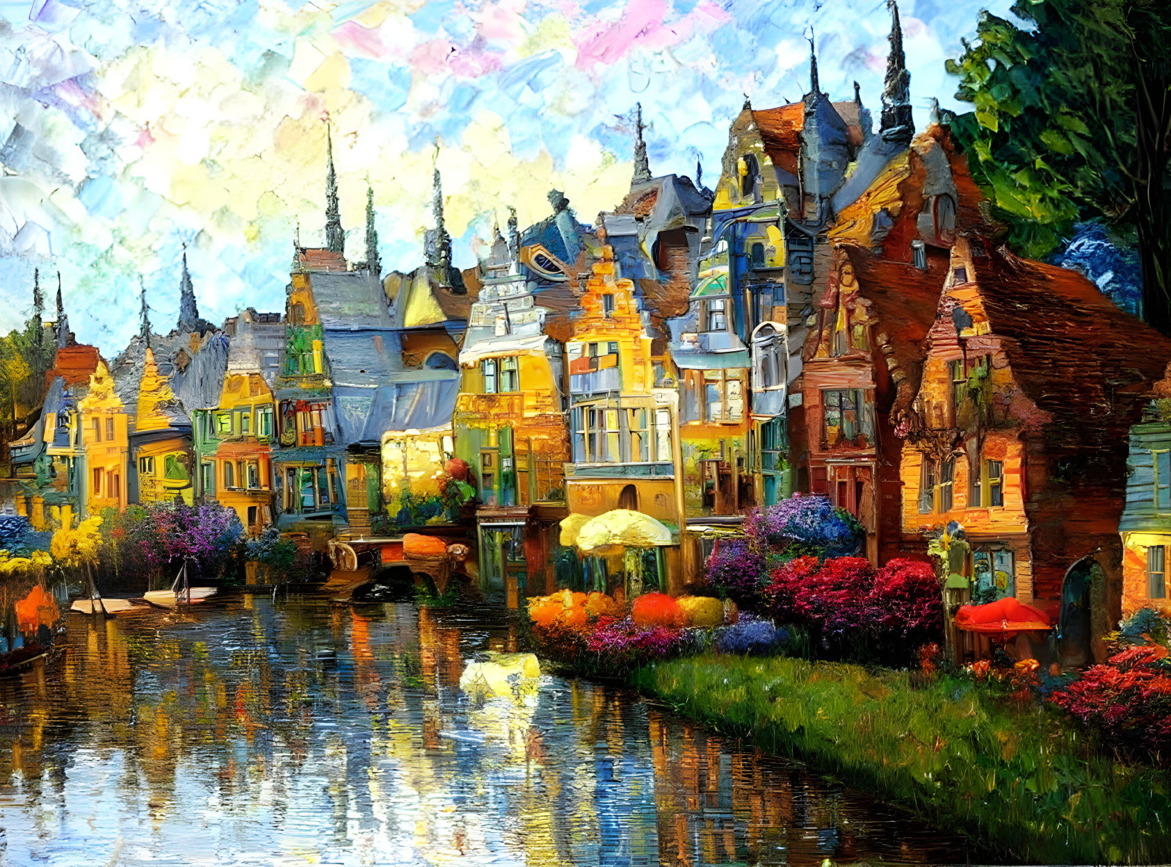 Vibrant Impressionist Painting of Quaint Village Canal