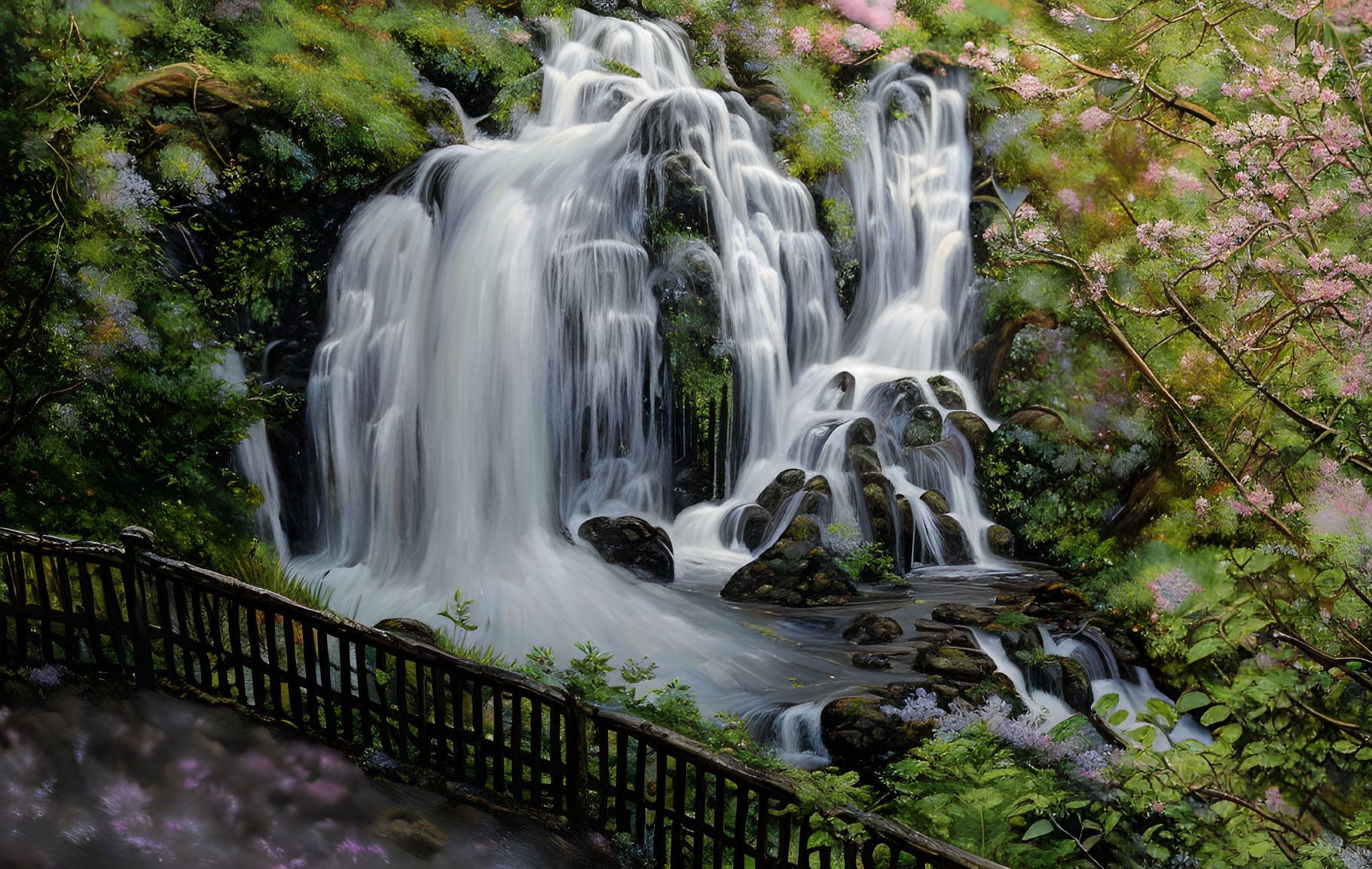 Lush greenery and pink blossoms frame cascading waterfall