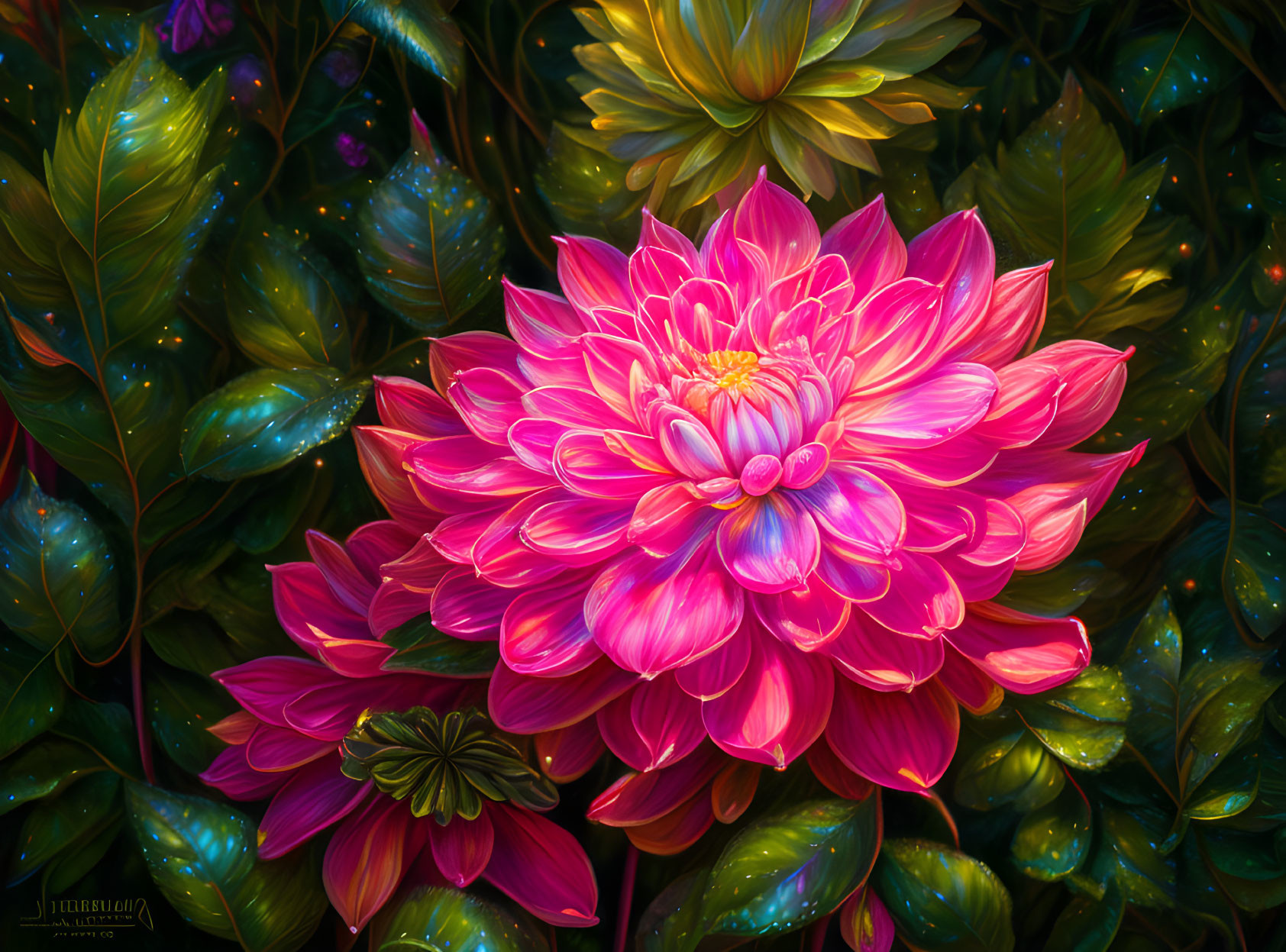 Bright Pink Dahlia Bloom Surrounded by Luminous Petals and Green Foliage