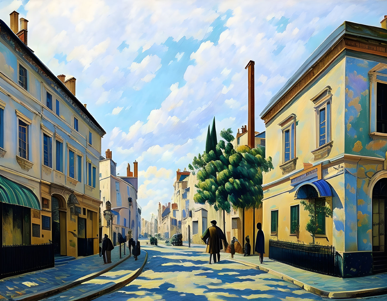 Colorful Painting of European Street Scene with Buildings and Pedestrians